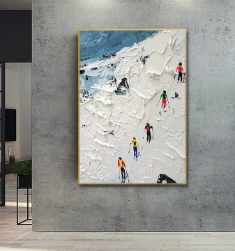 Sport Painting - Skier on Snowy Mountain Wall Art Sport White Snow Skiing Room Decor by Knife 07